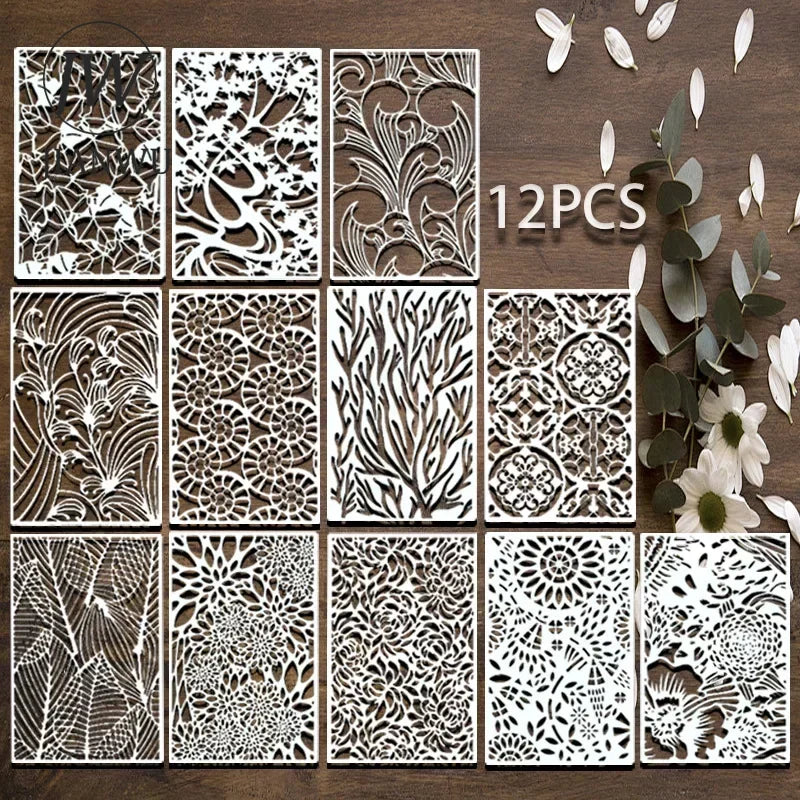 JIANWU 12pcs/16pcs Leaves Coral Plant Lines Pattern Hollow Material Painting Template Stamp Creative Student Supplies Stationery