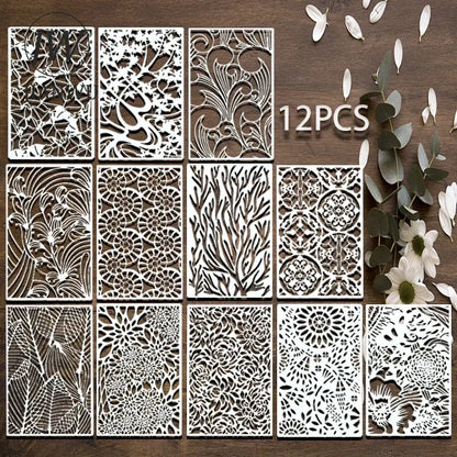 JIANWU 12pcs/16pcs Leaves Coral Plant Lines Pattern Hollow Material Painting Template Stamp Creative Student Supplies Stationery