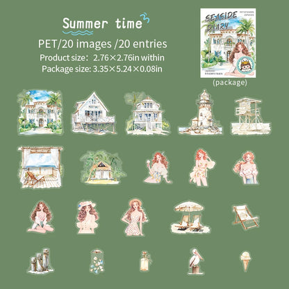 JIANQI 20pcs/pack Seaside girl PET Stickers DIY Scrapbooking Decor Photo Album Creative Stationery Collage Materials Stickers