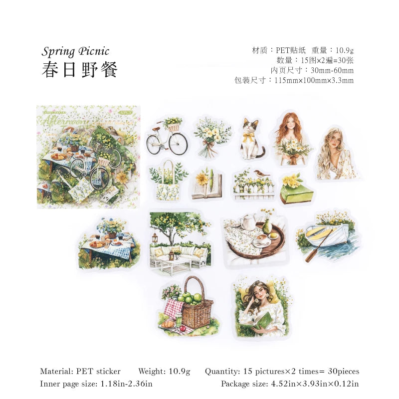 JIANQI 30pcs/pack INS Girls leisure life  Stickers PET Materials Collage Stationery Decor Diary DIY Scrapbooking supplies