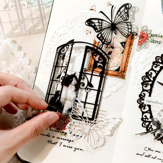 JIANQI 20pcs/pack Hollow Out Craft Paper Aesth Floral Window Collage Junk Journal DIY Scrapbooking Black White Materials Paper