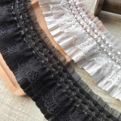 1Yard White Black Stretch Lace Fabric Layer Ribbon Elastic Ruffle Trim For Sewing Dress Skirt Curtain Accessories DIY Crafts