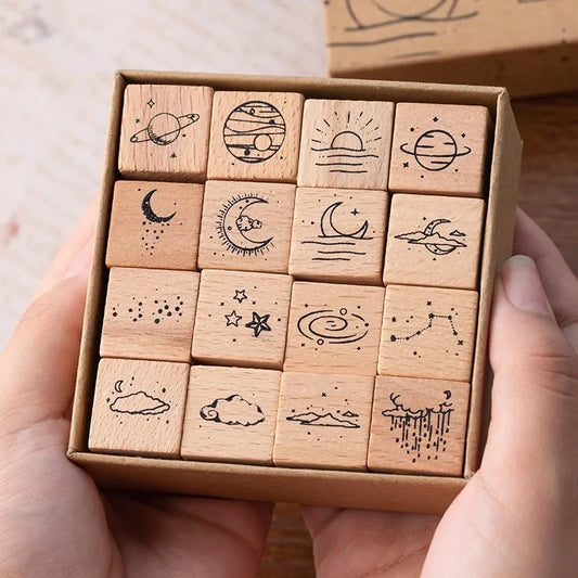 JIANQI16 pcs Moon Planet Star Weather Wooden Rubber Stamp Scrapbooking Deco DIY Craft Standard Wooden Stamps Set