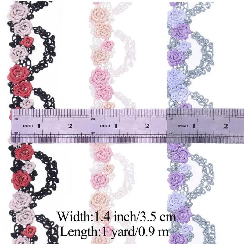 1Yard Pink Blue Flower Embroidered Lace Fabric DIY Wedding Dress Sewing Crafts 3.5CM Wide
