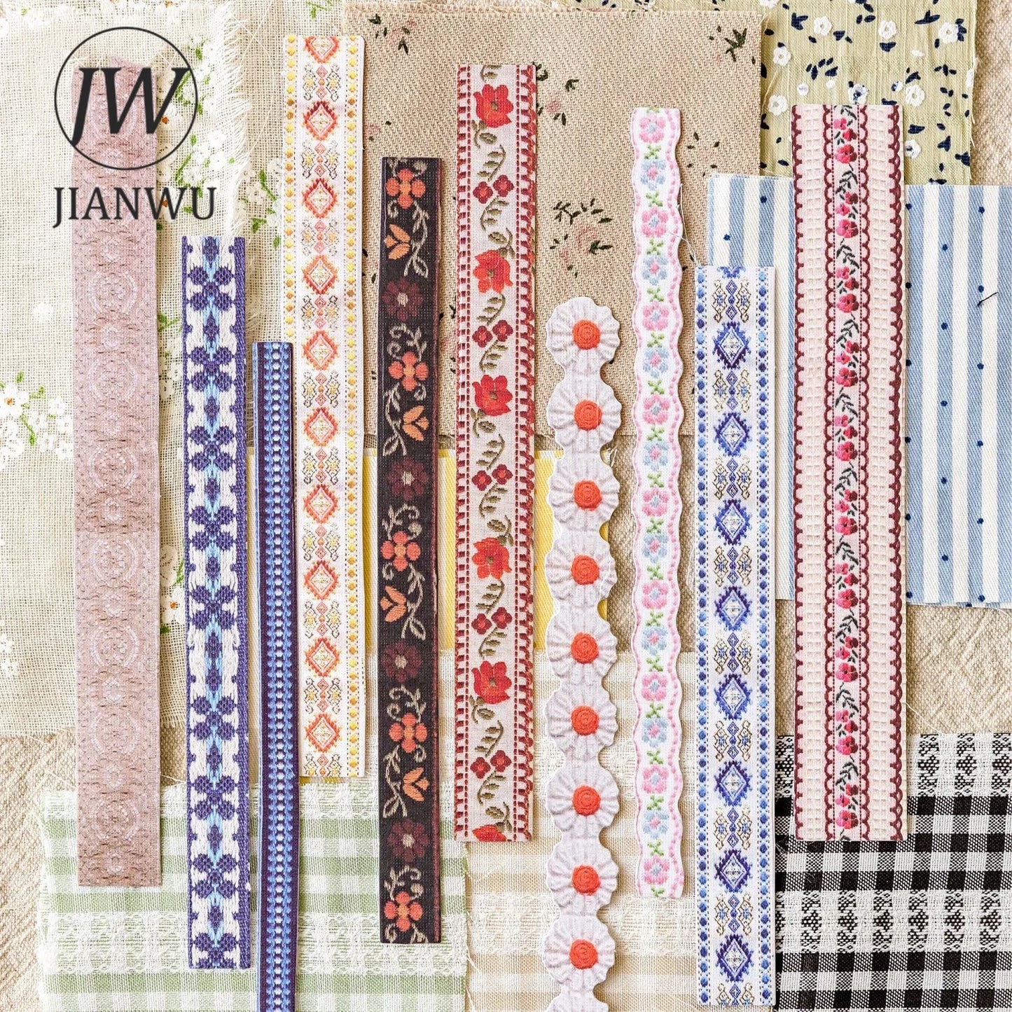 JIANWU Handmade Gallery Series Vintage Lace Flower Bow Landscape Material Collage Strip Sticker Creative DIY Journal Stationery