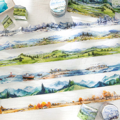 JIANQI 30mm*2m To The Mountains and Sea Series Vintage Landscape Collage Material PET Tape Creative DIY Journal Stationery