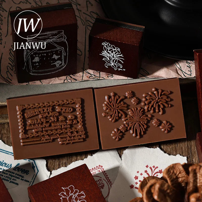 JIANWU 6 Pcs/box The Seal of Elegance Series Vintage Material Collage Wooden Stamp Creative Journal Student Supplies Stationery