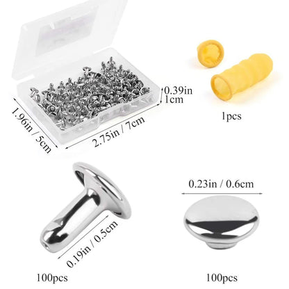 100Set/Box Leather Rivet Studs Double Cap Metal Rivets with Plastic Box Finger Cot for Leather Crafts Repairs Decoration