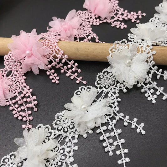 1 Yard Multi-Color Exquisite Rose Lace Fabrics Flower Pearl Wedding Party Decoration Sewing Lace Ribbon DIY Craft 8.5CM Wide
