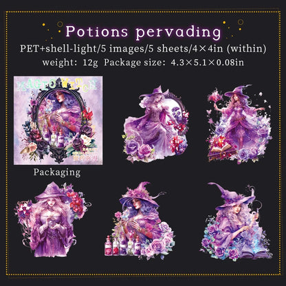 JIANQI 5 pcs Flash laser Magic Witch Stickers pack Adhesive Diy Diary Album Scrapbooking material junk journal supplies