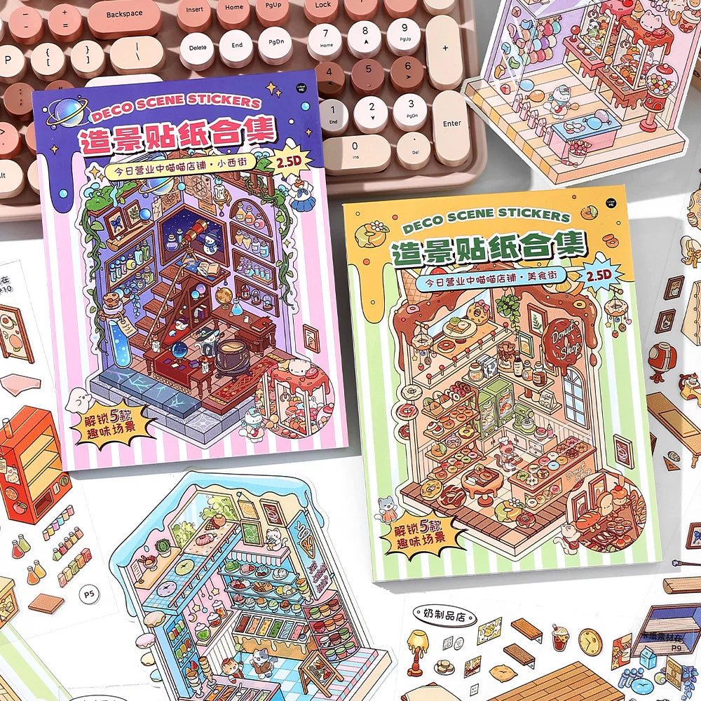 JIANQI 5in1 13Pcs 2.5D Landscape Sticker Cartoon Cabin Scene DIY Sticker Stacking Pasting Festival Birthday Gift for Kid Child