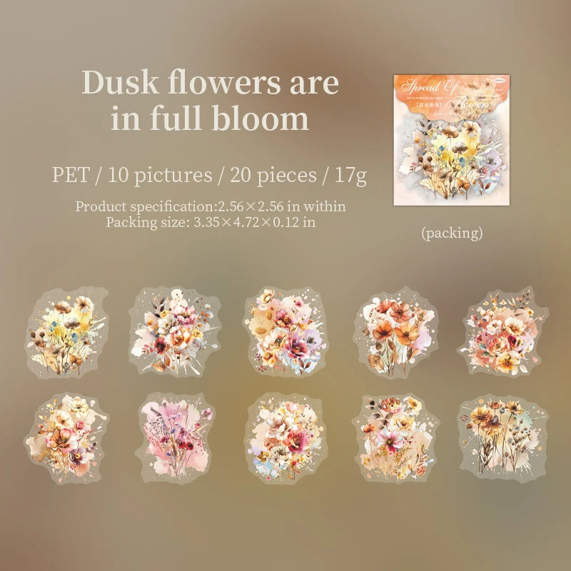 JIANQI 20 Pcs Watercolor flowers Stickers PET sticker package DIY diary decoration sticker album scrapbooking Junk Journal