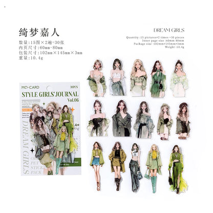JIANQI 30pcs/pack PET Waterproof Stickers Fashion Girl Creative Scrapbooking Adhesive DIY Sticker Decor Junk Journal Supplies