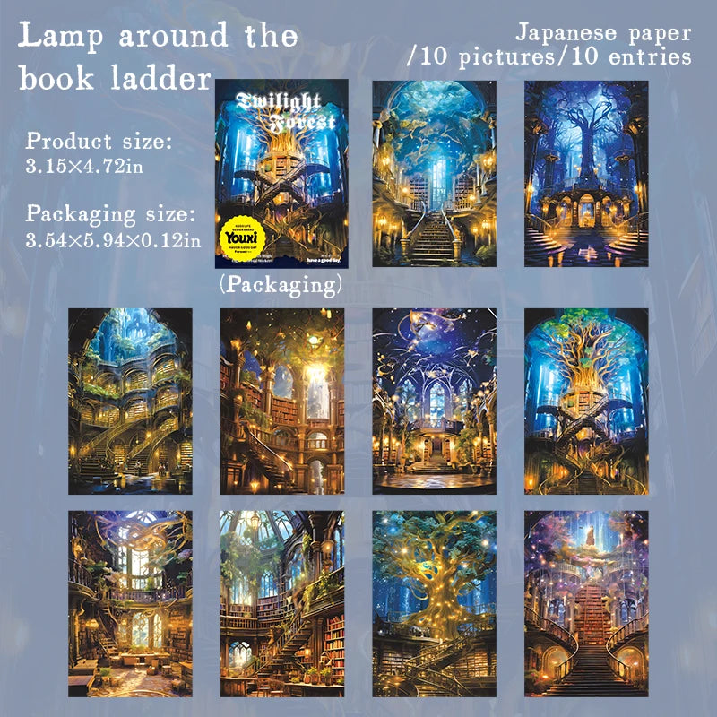 10pcs Night Forest Landscape Material Stickers Scrapbooking Junk Journal Creative Stationery DIY Deco Stickers School Supplies
