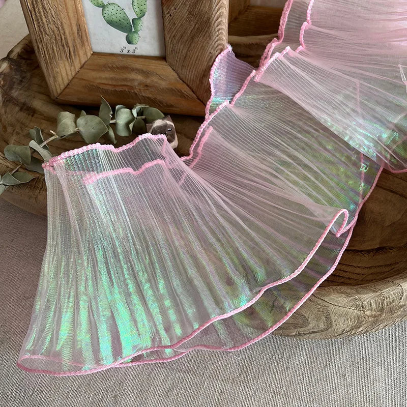 1 Yard Blue Lace Fabric Pleated Mermaid Effect Laser Neon Luster For Women Dress 15CM Wide