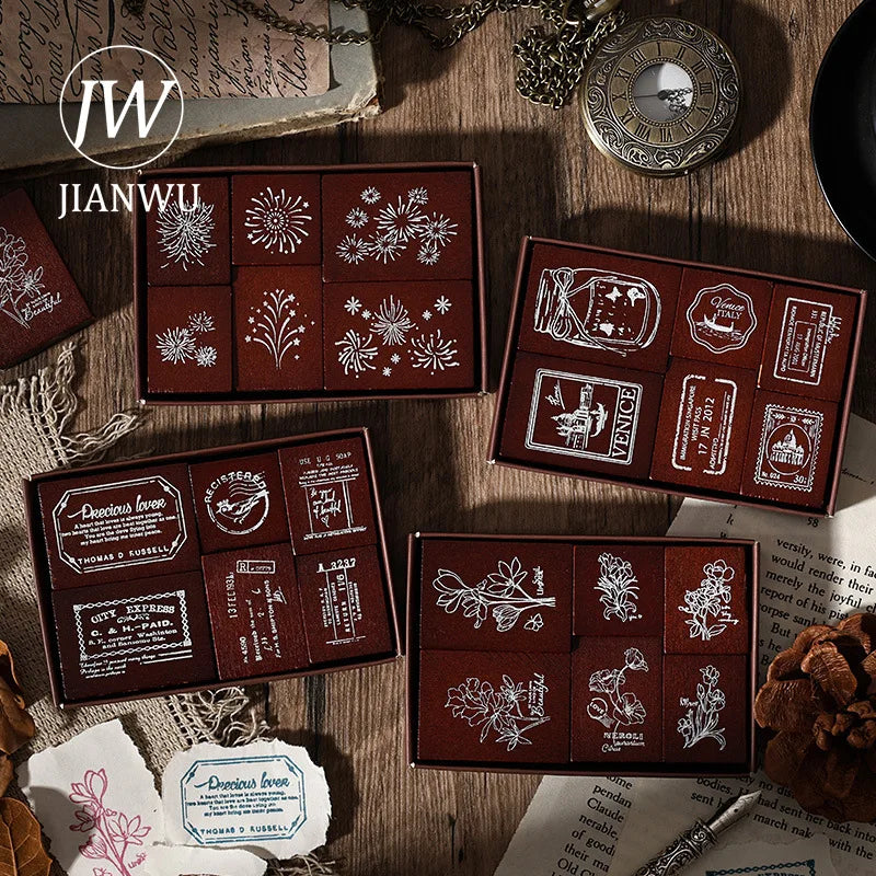 JIANWU 6 Pcs/box The Seal of Elegance Series Vintage Material Collage Wooden Stamp Creative Journal Student Supplies Stationery