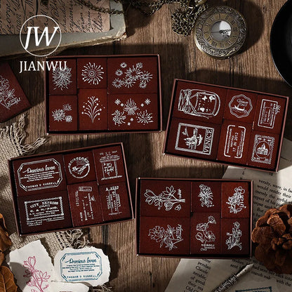 JIANWU 6 Pcs/box The Seal of Elegance Series Vintage Material Collage Wooden Stamp Creative Journal Student Supplies Stationery