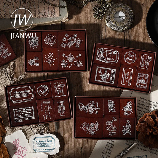 JIANWU 6 Pcs/box The Seal of Elegance Series Vintage Material Collage Wooden Stamp Creative Journal Student Supplies Stationery