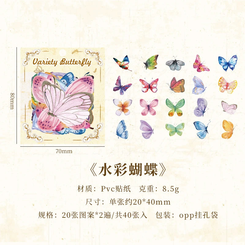 JIANQI 40pcs Color Butterfly Decorative Waterproof Stickers Material Sticker Scrapbooking Label Diary Cup Phone Journal Planner