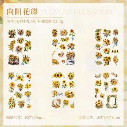 JIANQI 6 Sheets Flowers Stickers Die cutting PET Material DIY Scrapbooking Art Collage Stationery Planner Decor Diary Stickers