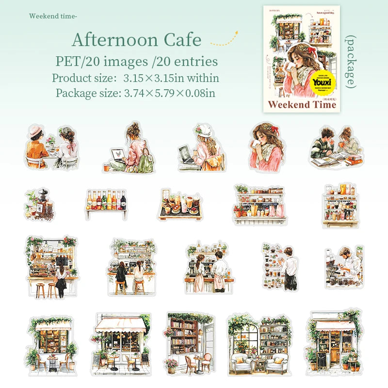 JIANQI 20 Pcs/pack Girls' Weekend PET Stickers hand tent DIY Stick Labels Scrapbooking Material Junk Journal Supplies