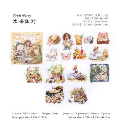 JIANQI 30pcs/pack INS Girls leisure life  Stickers PET Materials Collage Stationery Decor Diary DIY Scrapbooking supplies