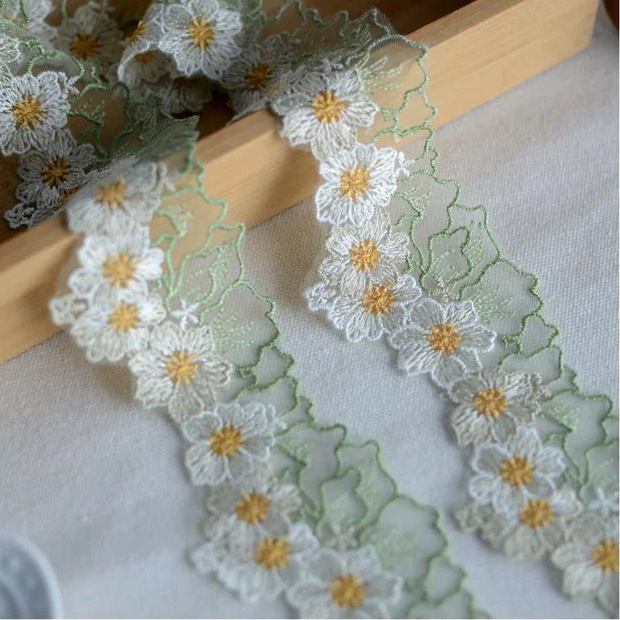 1 Yard Embroidered Green Purple White Flower Lace Fabric Sewing DIY Trim Ruffle Applique Ribbon Collar Decor
