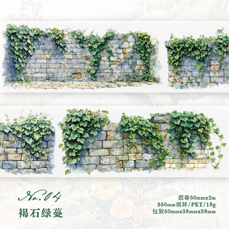 50mm*2m PET Tapes Green Field Flower Wall DIY Scrapbooking Decor Photo Album Collage Junk Journal Materials Aesthetics Tapes