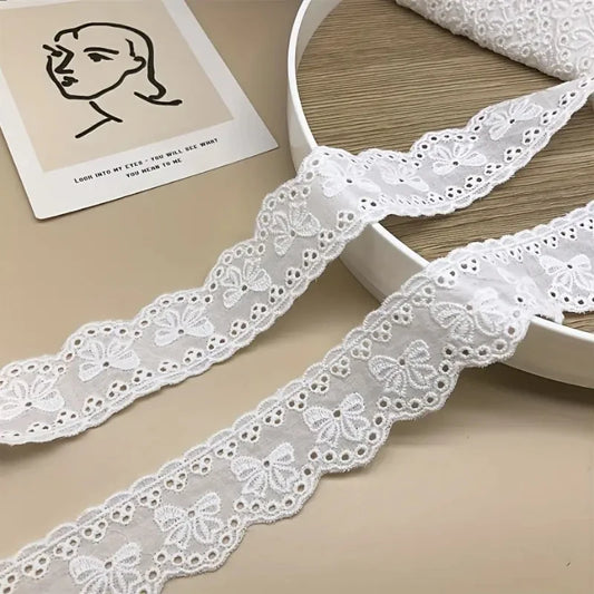 2 Yards White Beige Embroidery Bow Hollow Out Lace Fabric Wedding Home Decor Handmade Sewing Trim DIY Crafts