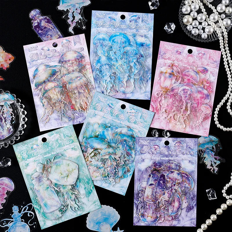 JIANQI 30 pcs Die cutting sticker jellyfish series Dreamlike watercolor jellyfish ocean hand tent DIY decor scrapbook material