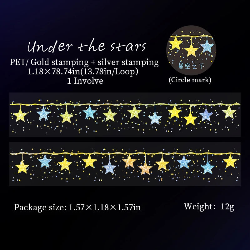 JIANQI 30mm*2m PET Tapes Sparkling Stars DIY Scrapbooking Decor Photo Album Collage Junk Journal Materials Aesthetics Tapes