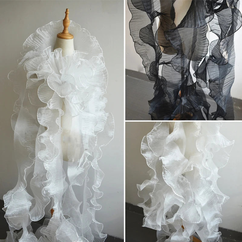 1 Yard White Black Wave Lace Fabric Handicraft Accessories Sewing Pleated Ribbon 15CM Wide