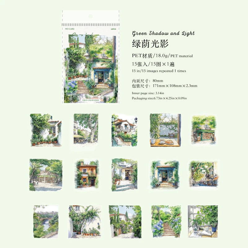JIANQI 15pcs Urban Landscape PET Stickers Scrapbooking Materials DIY Junk Journal Collage Collage language Decor Stickers