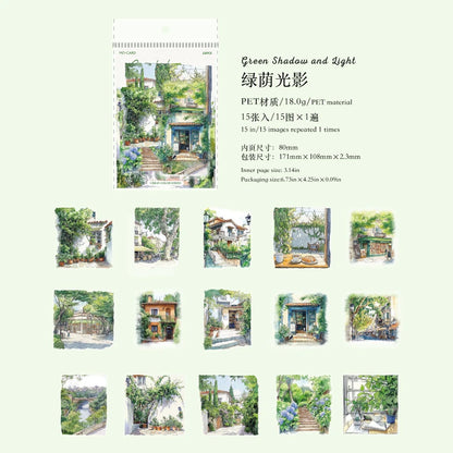 JIANQI 15pcs Urban Landscape PET Stickers Scrapbooking Materials DIY Junk Journal Collage Collage language Decor Stickers