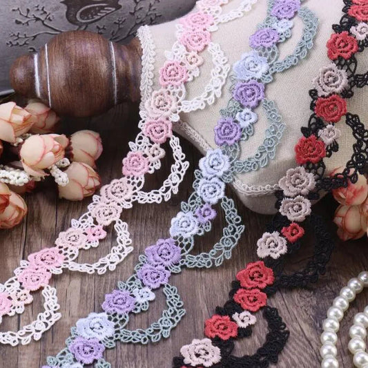 1Yard Pink Blue Flower Embroidered Lace Fabric DIY Wedding Dress Sewing Crafts 3.5CM Wide
