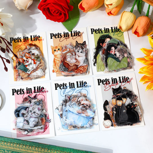 JIANQI 40 pcs PET Animal theme Stickers Cat dog girl Decorative handmade Scrapbooking Material Diary Album Craft Supplies