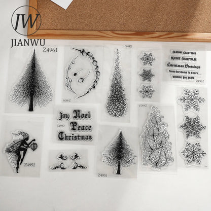 JIANWU Vintage Trees Snowflake Pattern Material Collage Transparent Silicone Stamp Creative DIY Student Supplies Stationery