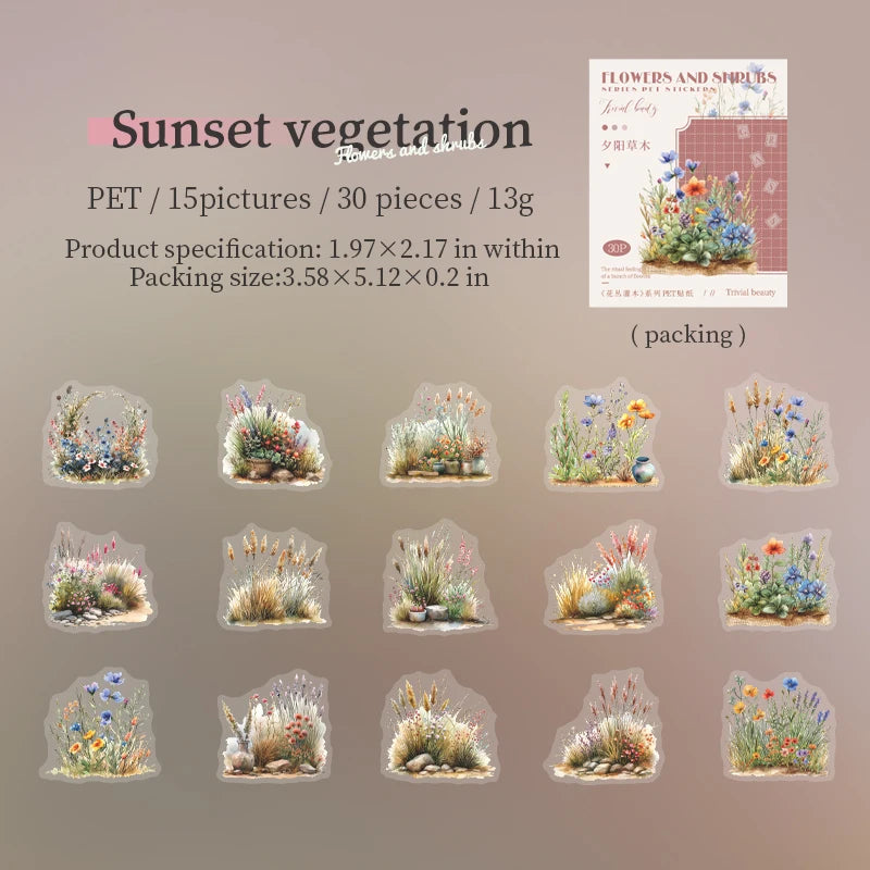 JIANQI 30pcs/pack PET Stickers Flowers and shrubs Decor Junk Journal DIY Srapbooking Creative Stationery Collage Photo Album