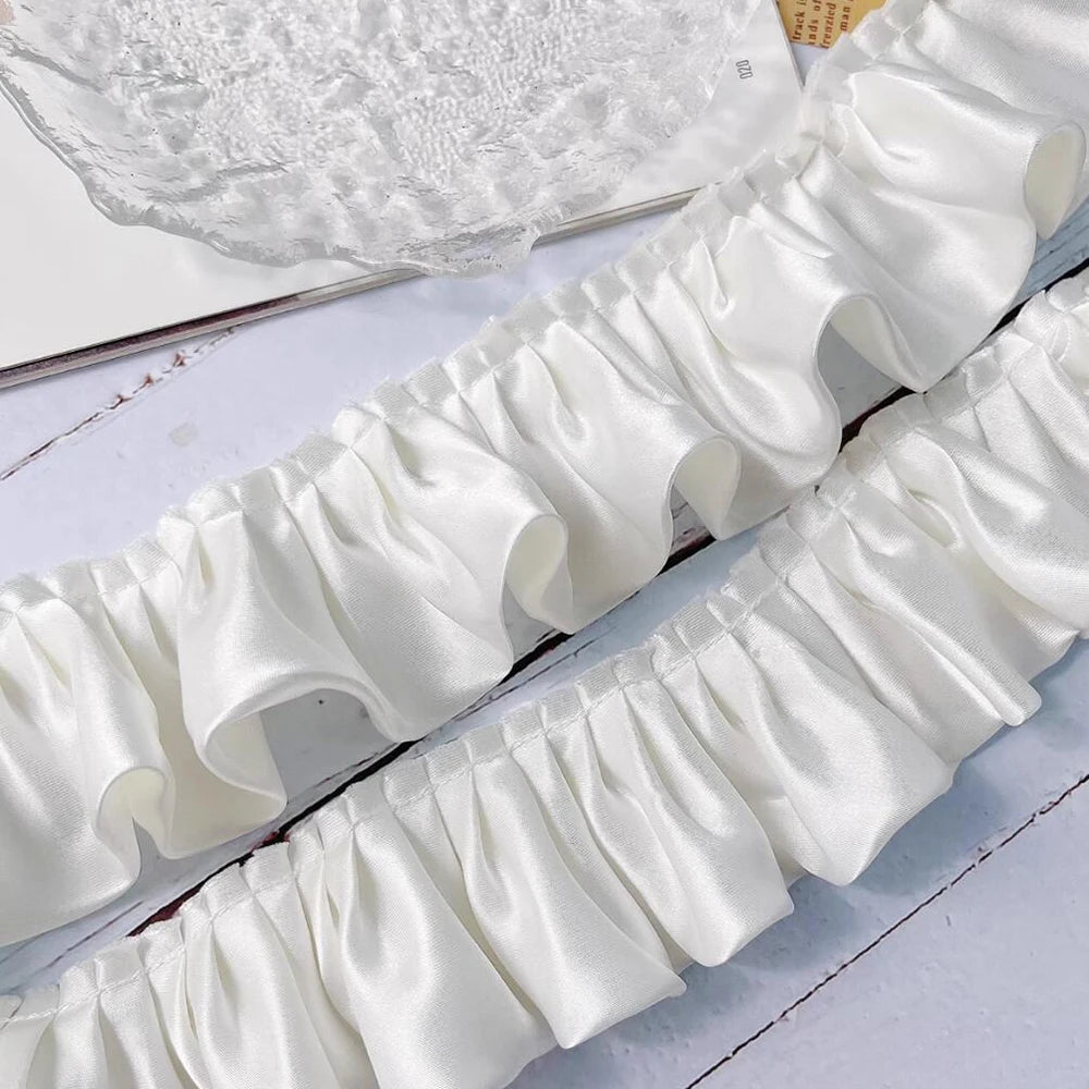1Yard Glitter Satin Pleated Lace Fabirc Embroidered Ribbon Ruffle Trim Dolls Collar DIY 6cm WideSewing Decor