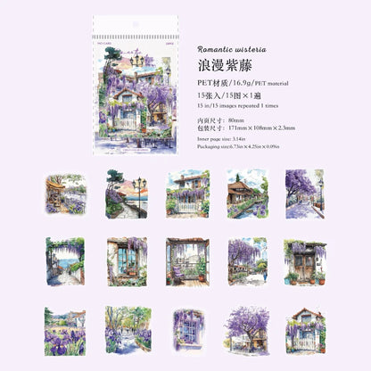JIANQI 15pcs Urban Landscape PET Stickers Scrapbooking Materials DIY Junk Journal Collage Collage language Decor Stickers