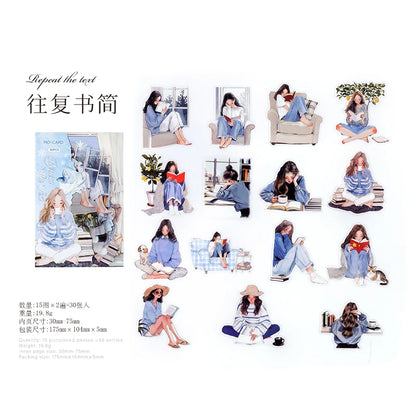 JIANQI 30 pcs/pack Reading girl Stickers aesthetic Stick Labels Decorative Diary Album material Scrapbooking Supplies
