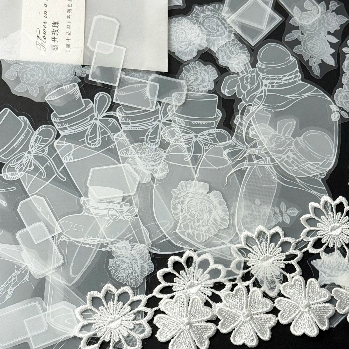 40pcs Transparent PET Vintage Bottle Flowers Crystal Ink Stickers Scrapbook DIY Sticker Craft Journaling Scrapbooking Material