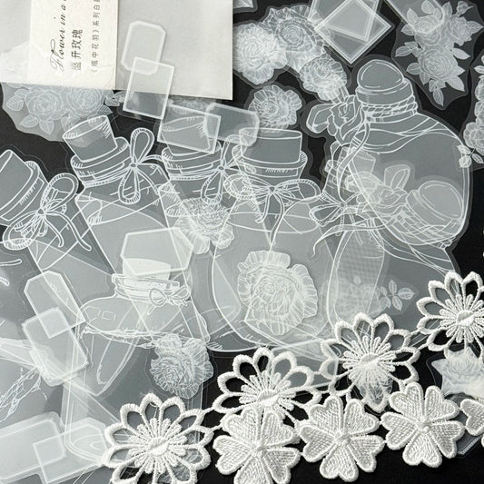 40pcs Transparent PET Vintage Bottle Flowers Crystal Ink Stickers Scrapbook DIY Sticker Craft Journaling Scrapbooking Material