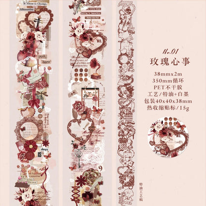 JIANQI 38mm*2m Retro Lace flower PET Tapes DIY Scrapbooking Collage Stationery Decor Journalling Materials Ins Adhesive Stickers