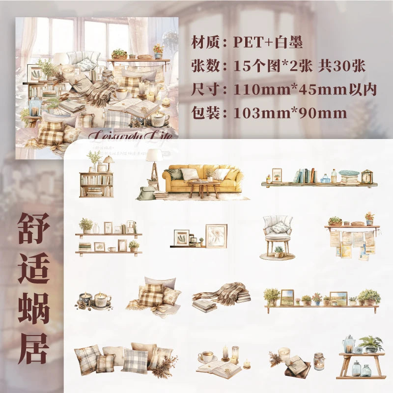 JIANQI 30pcs Home life Sticker Pack Decorative Junk Journal DIY Scrapbooking Supplies Collage Stationery Stickers