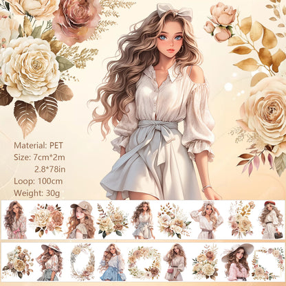 JIANQI 70mm*2m PET Flower Girl Tape DIY Scrapbooking Decor Photo Album Collage Junk Journal Materials Planner Aesthetic Tapes