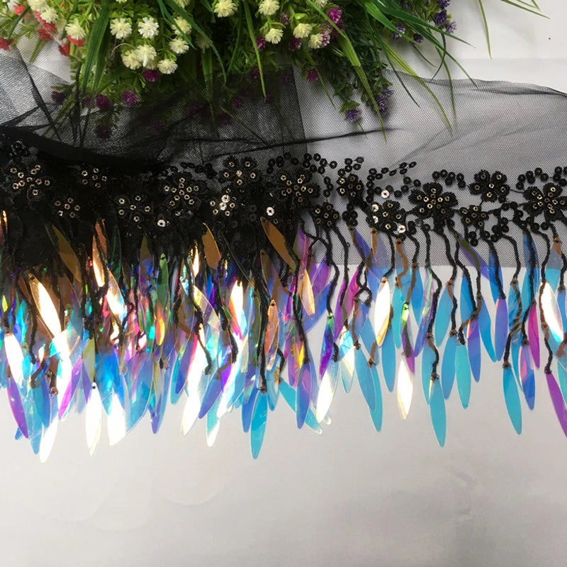 1Yard Sequins Tassels Farbic Fringe Ribbon Garment Wedding Dress Bag Curtain DIY Sewing Supplies Accessories 12CM Wide