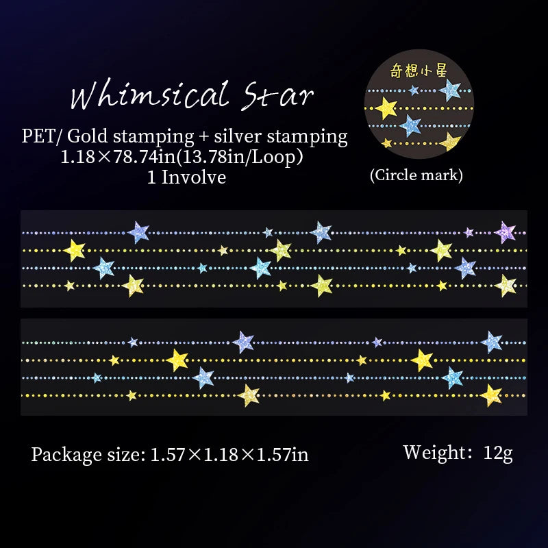 JIANQI 30mm*2m PET Tapes Sparkling Stars DIY Scrapbooking Decor Photo Album Collage Junk Journal Materials Aesthetics Tapes