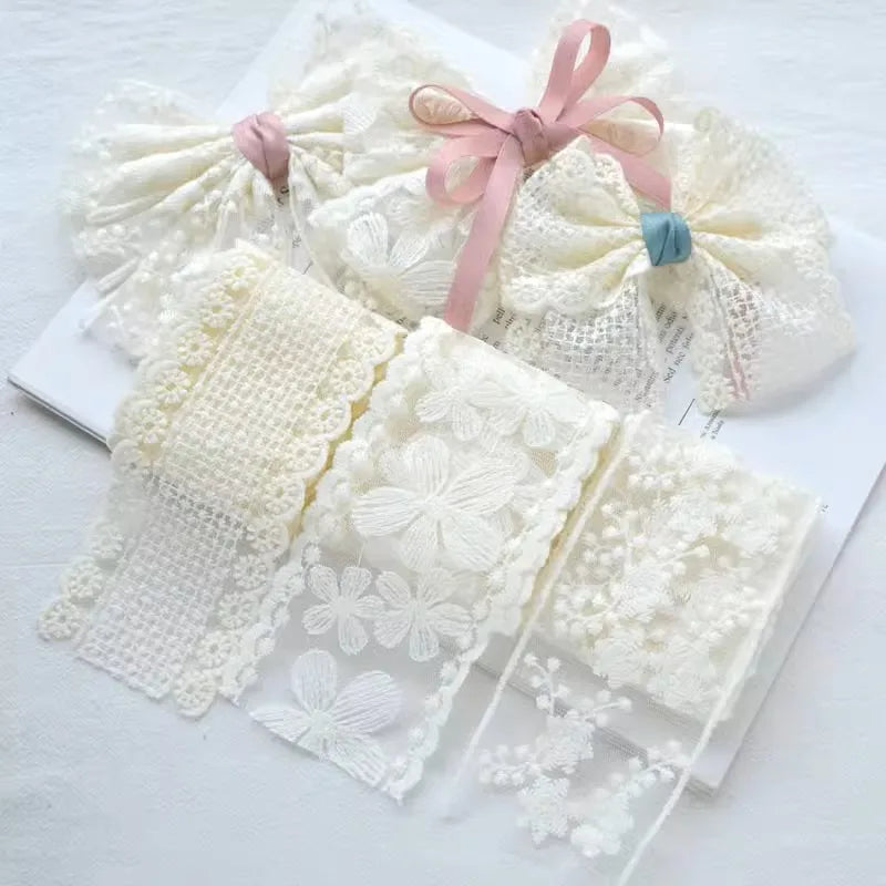 2 Yards Beige Mesh Gauze Bow Embroidery Lace Fabric Sewing DIY Wedding Decoration Gift Package Trim Headdress Accessories Crafts
