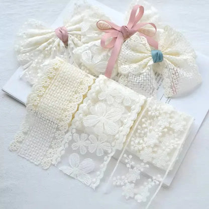2 Yards Beige Mesh Gauze Bow Embroidery Lace Fabric Sewing DIY Wedding Decoration Gift Package Trim Headdress Accessories Crafts